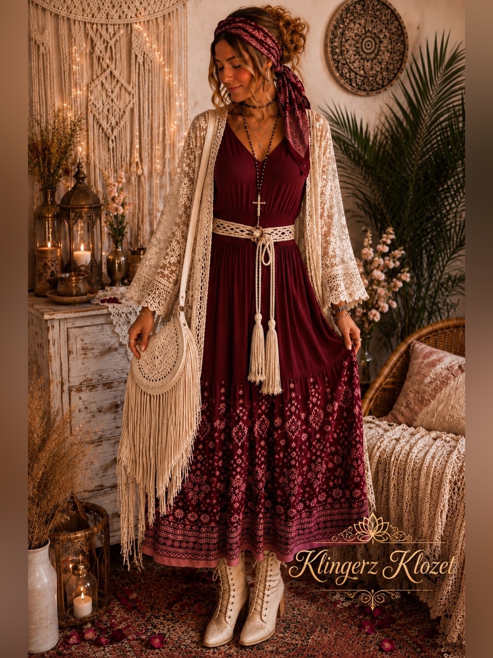 KNOX ROSE Burgundy Floral Boho Maxi Dress | Size M | Romantic Hippie Festival St
